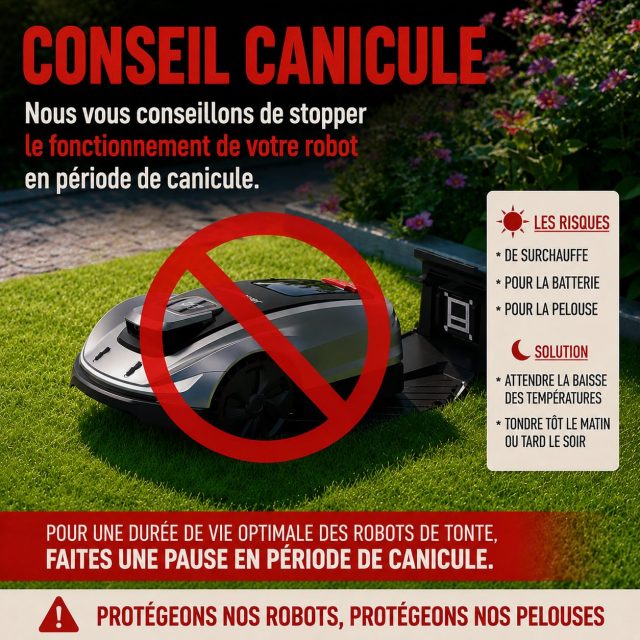 ☀️ Conseil canicule afin de protéger votre robot de tonte ☀️

Les fortes chaleurs peuvent avoir un impact sur les performances et la durée de vie de votre robot tondeuse.

🌡️ En période de canicule, nous vous conseillons de stopper temporairement le fonctionnement de votre robot afin de :

✅ Préserver la batterie
✅ Éviter les risques de surchauffe
✅ Protéger les composants électroniques
✅ Préserver votre pelouse, déjà fragilisée par le manque d’eau et les fortes températures

📌 Reprenez la tonte lorsque les températures redeviennent plus clémentes ou programmez votre robot tôt le matin ou tard le soir.

🌱 Un peu de repos pendant les épisodes de forte chaleur permettra à votre robot et à votre gazon de traverser l’été dans les meilleures conditions.

#Canicule #RobotDeTonte #sauvonsnosrobots #EntretienJardin #Motoculture 🌞🌱🤖